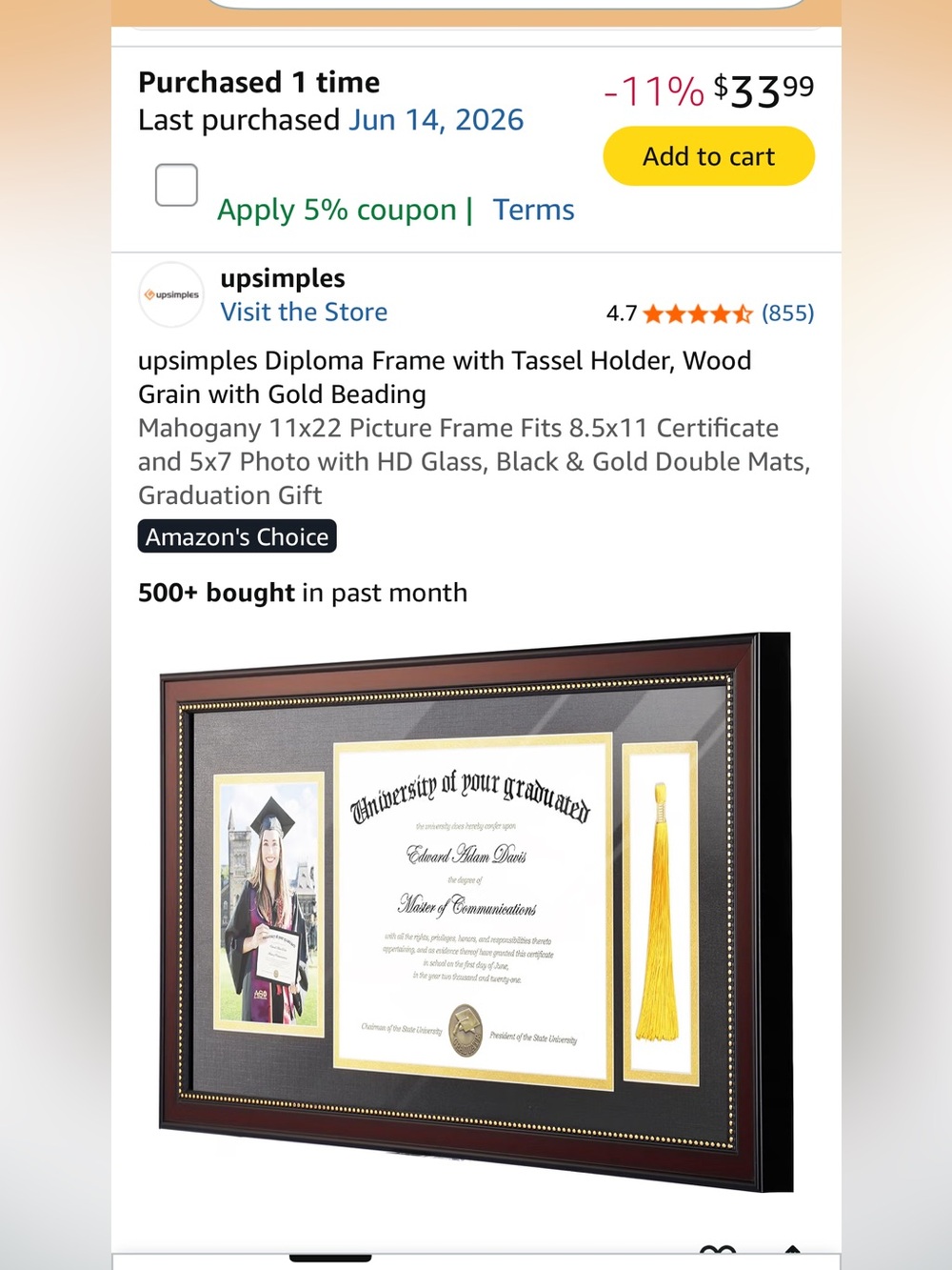 Diploma Mahogany Frame with Black & Gold Double Mats